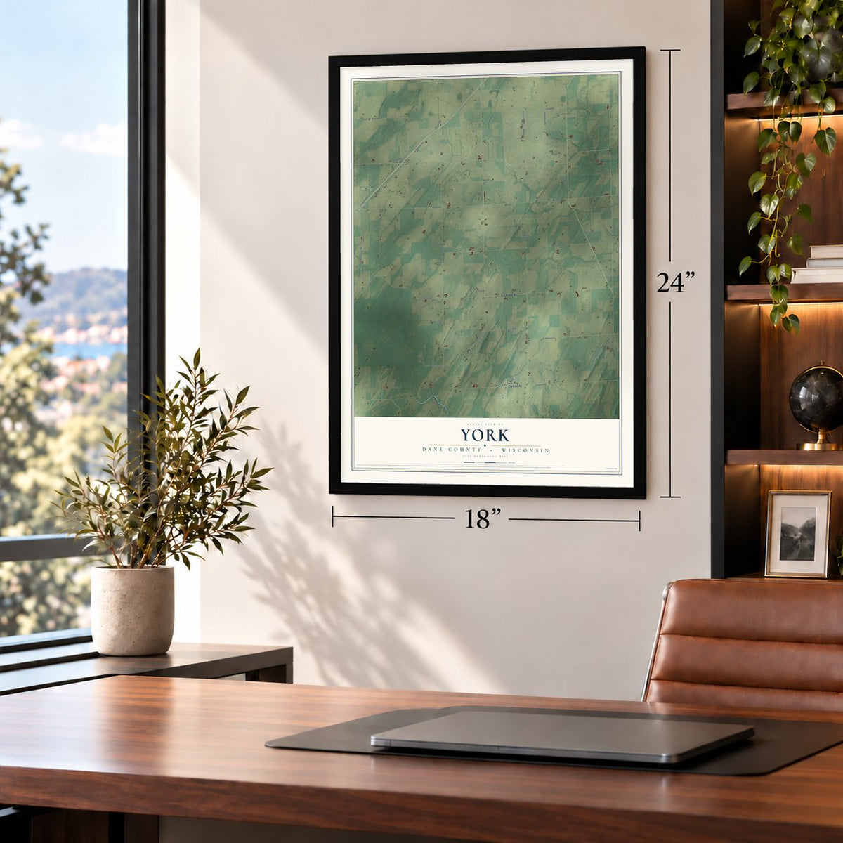York, Dane County, Wisconsin map, 18 x 24 inch print in a black frame in a home office