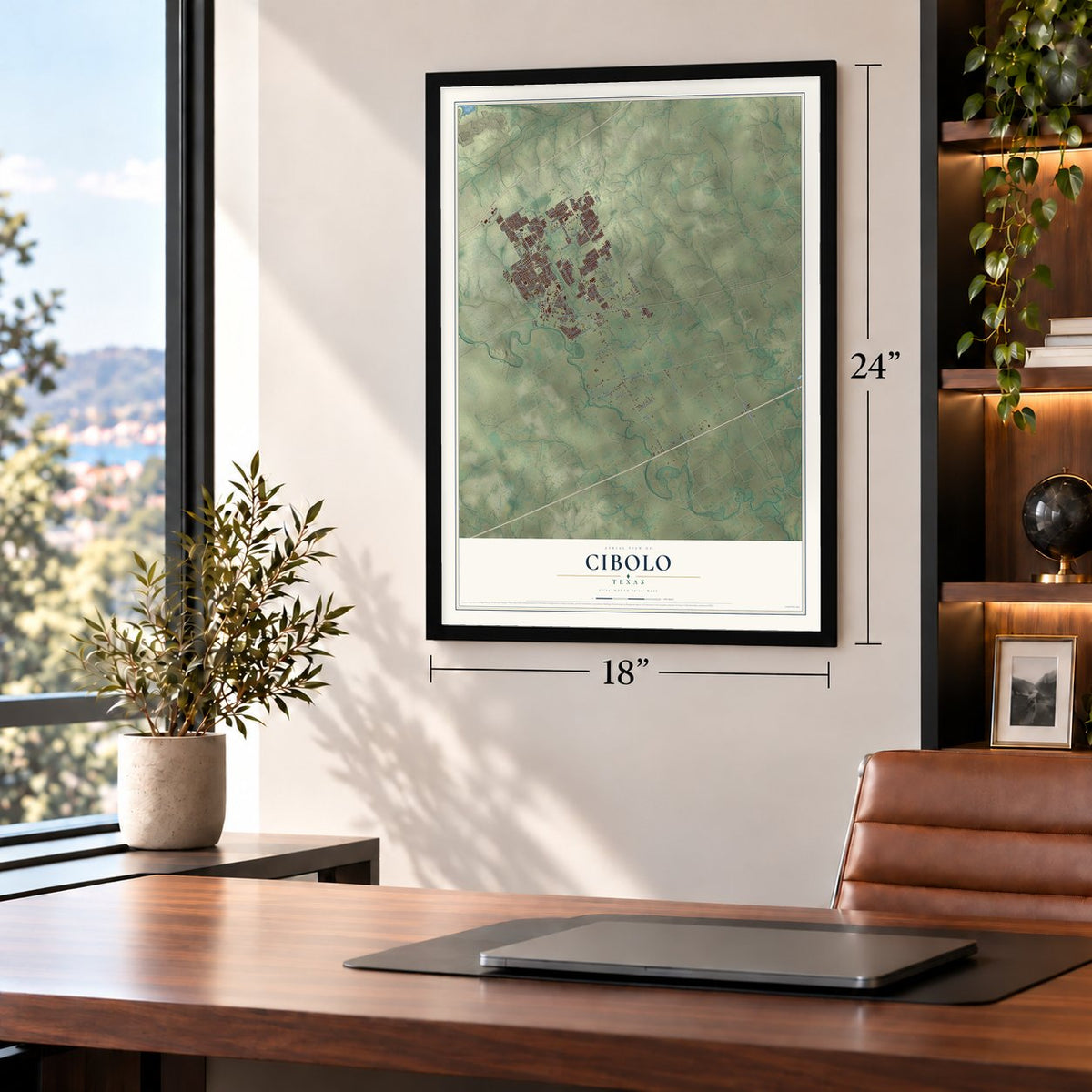 Cibolo, Texas map, 18 x 24 inch print in a black frame in a home office