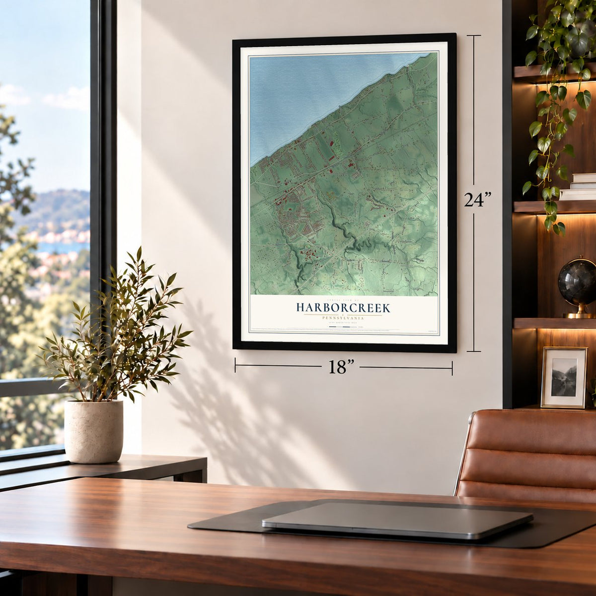 Harborcreek, Pennsylvania map, 18 x 24 inch print in a black frame in a home office