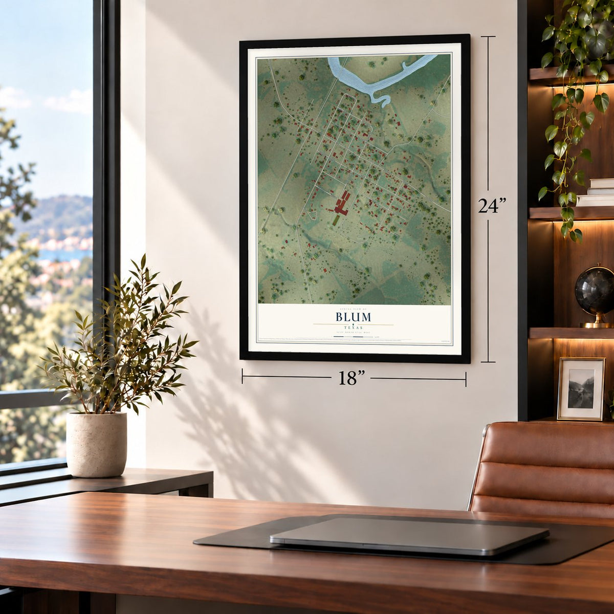 Blum, Texas map, 18 x 24 inch print in a black frame in a home office