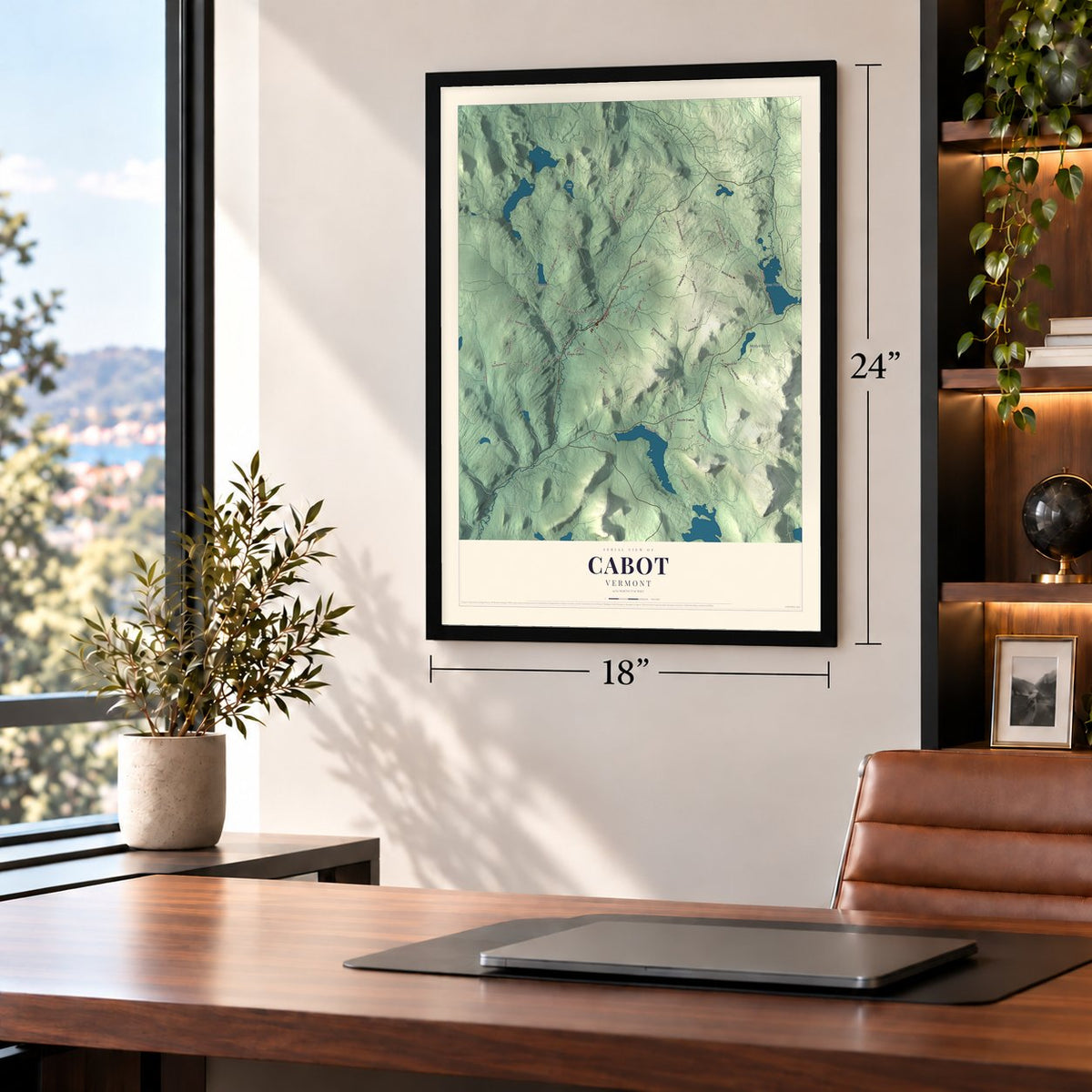 Cabot, Vermont map, 18 x 24 inch print in a black frame in a home office