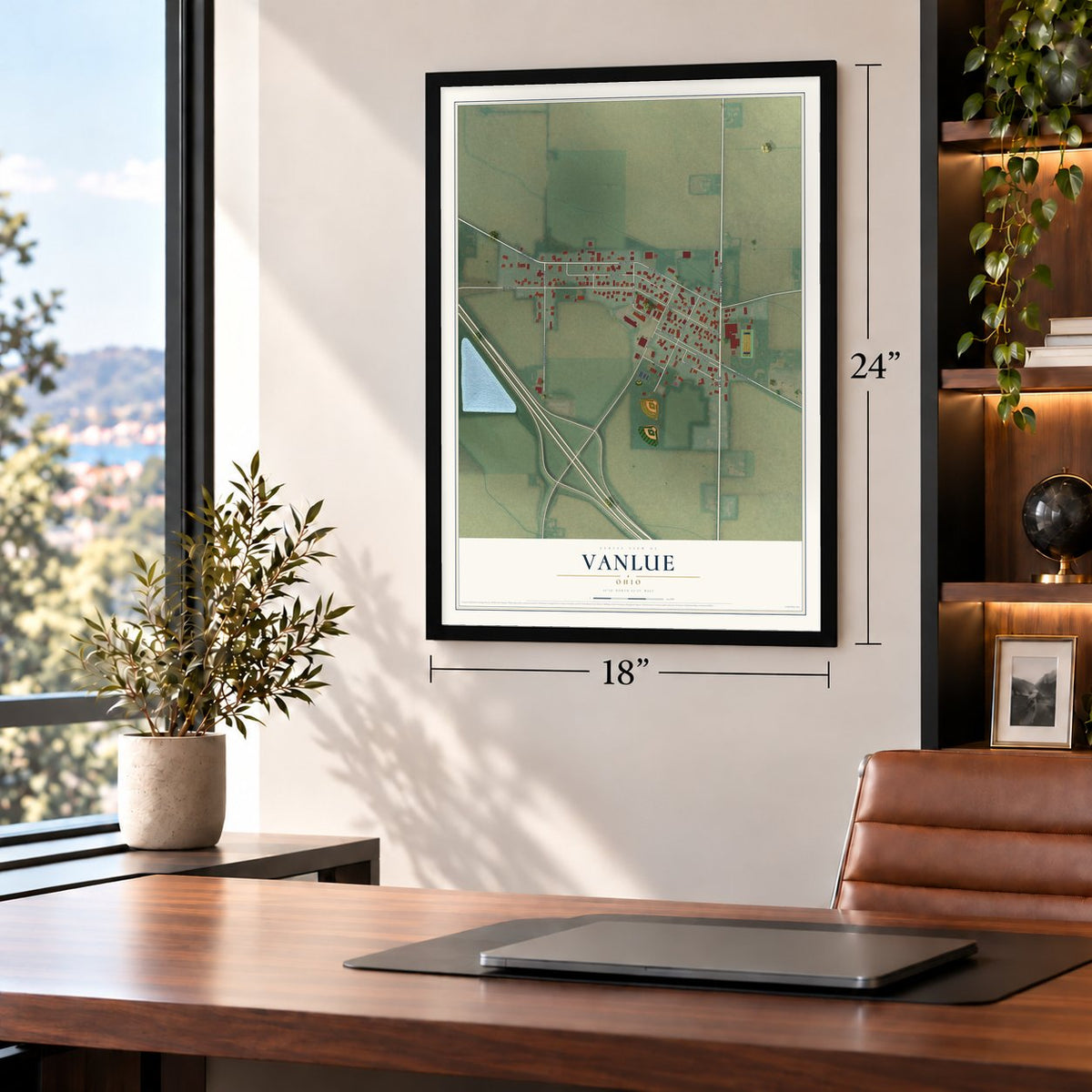 Vanlue, Ohio map, 18 x 24 inch print in a black frame in a home office