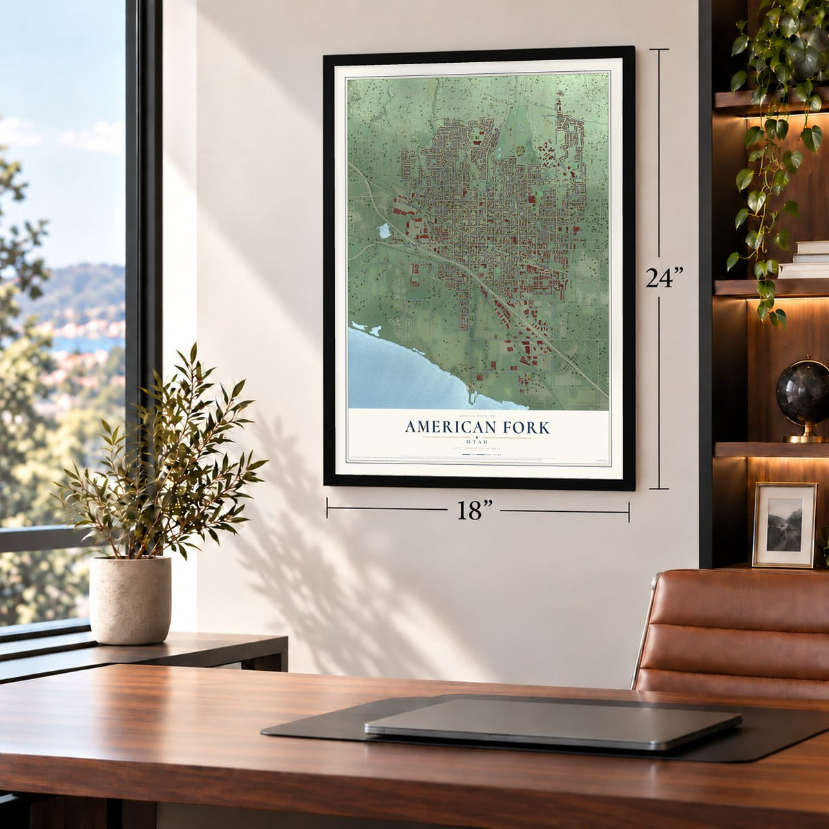 American Fork, Utah map, 18 x 24 inch print in a black frame in a home office