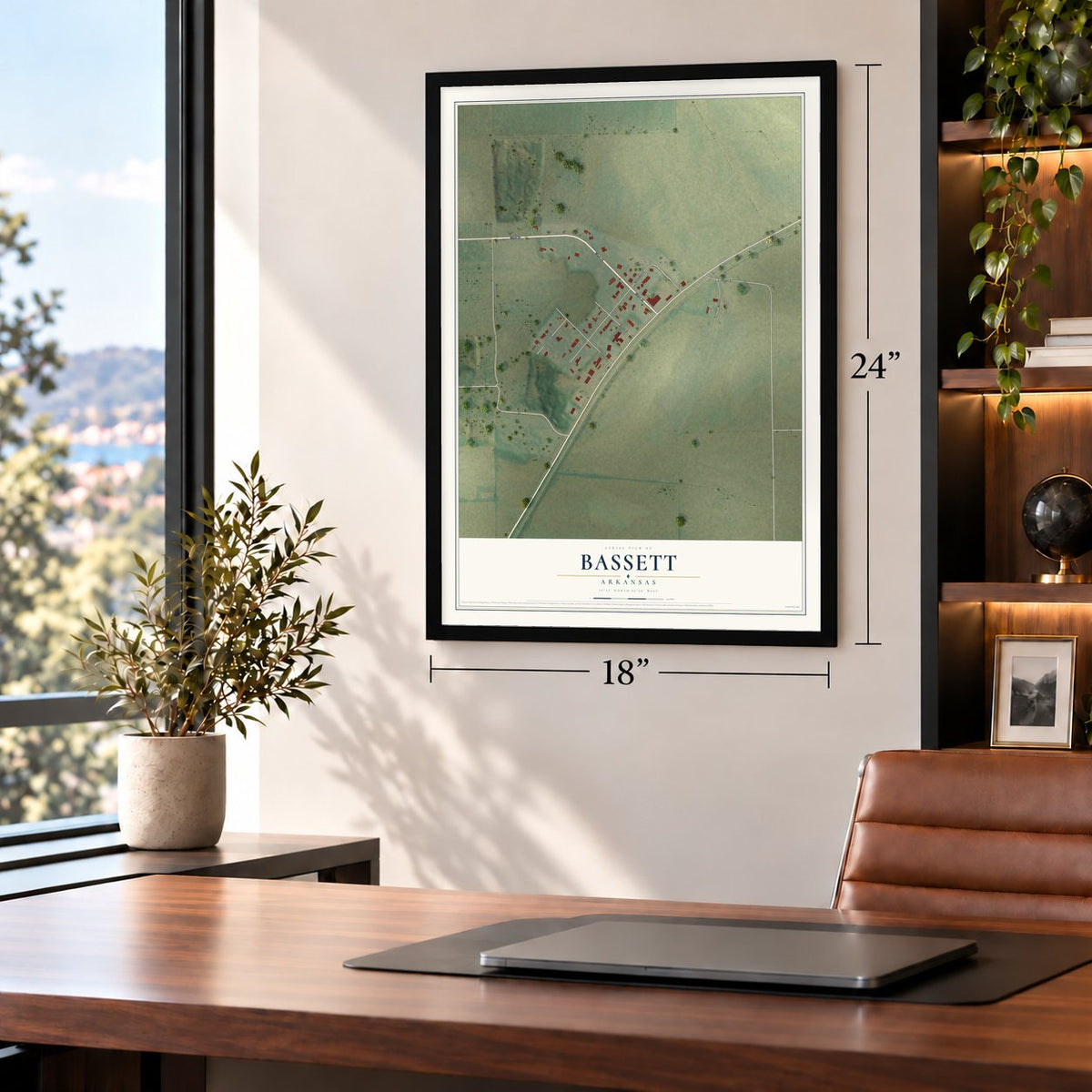 Bassett, Arkansas map, 18 x 24 inch print in a black frame in a home office
