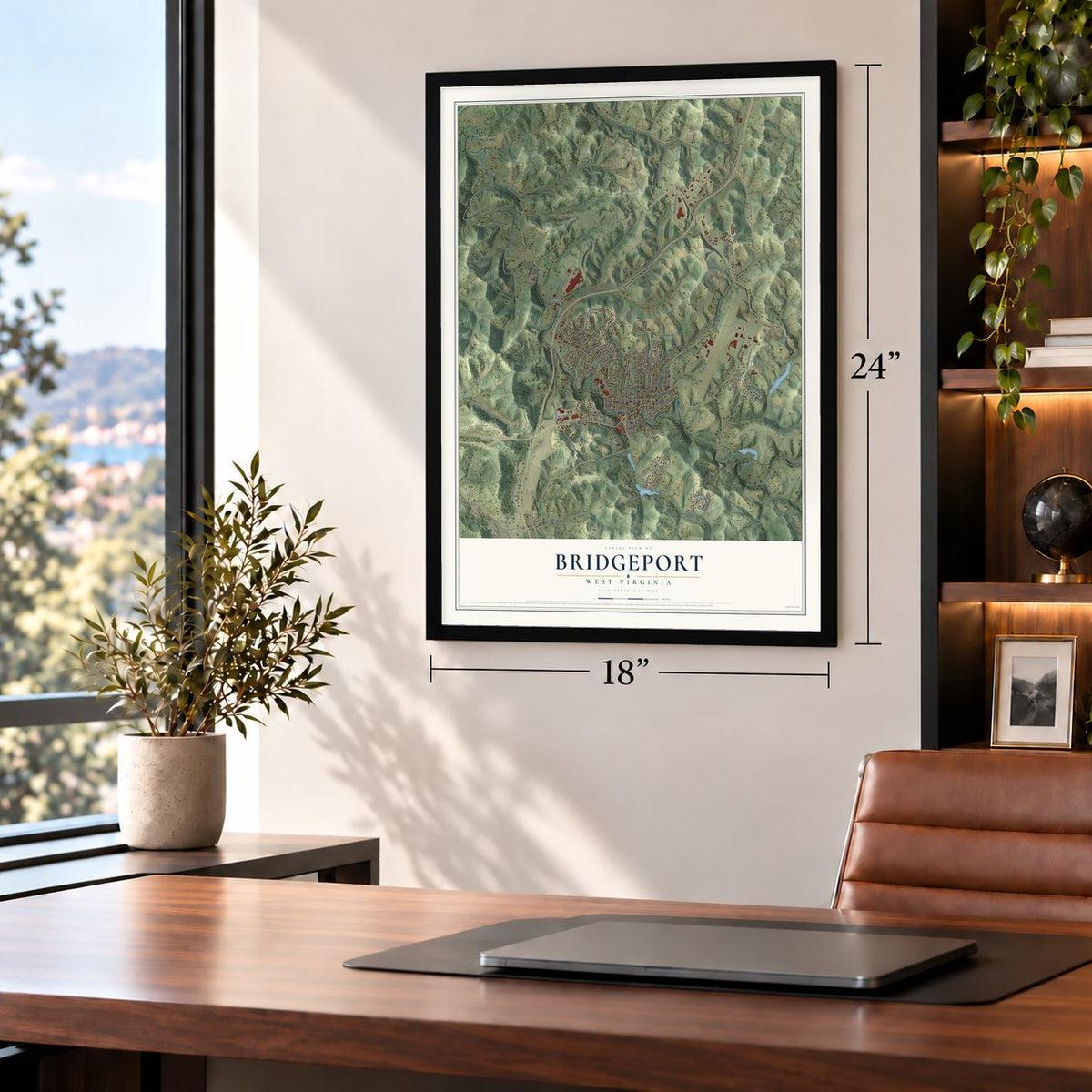 Bridgeport, West Virginia map, 18 x 24 inch print in a black frame in a home office