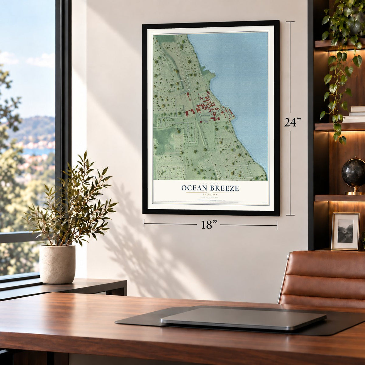 Ocean Breeze, Florida map, 18 x 24 inch print in a black frame in a home office
