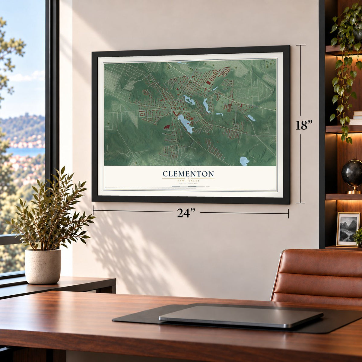 Clementon, New Jersey map, 18 x 24 inch print in a black frame in a home office