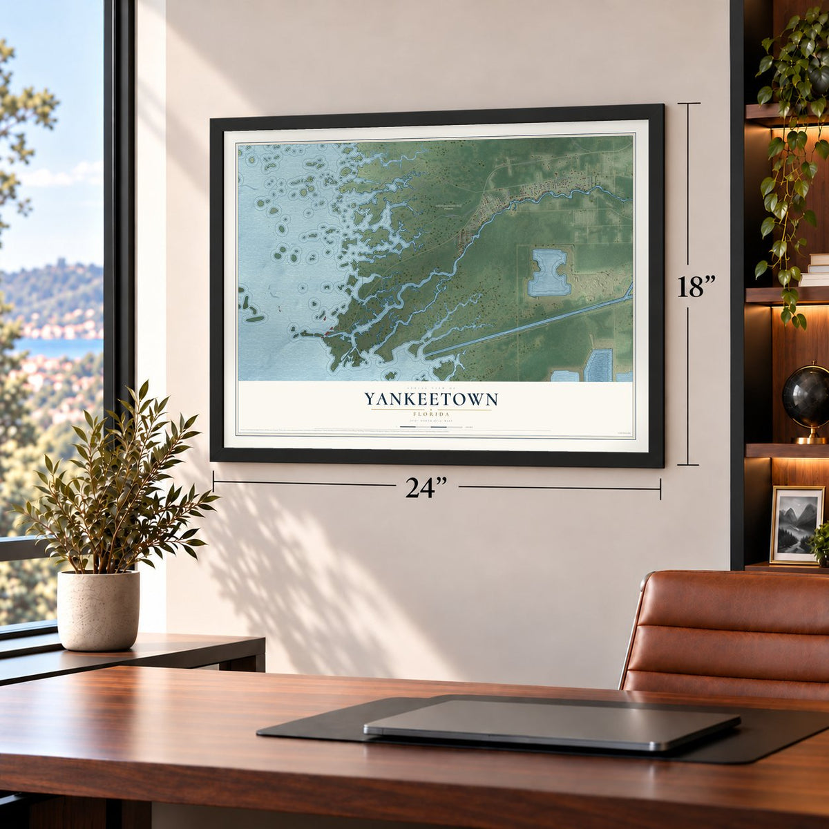 Yankeetown, Florida map, 18 x 24 inch print in a black frame in a home office