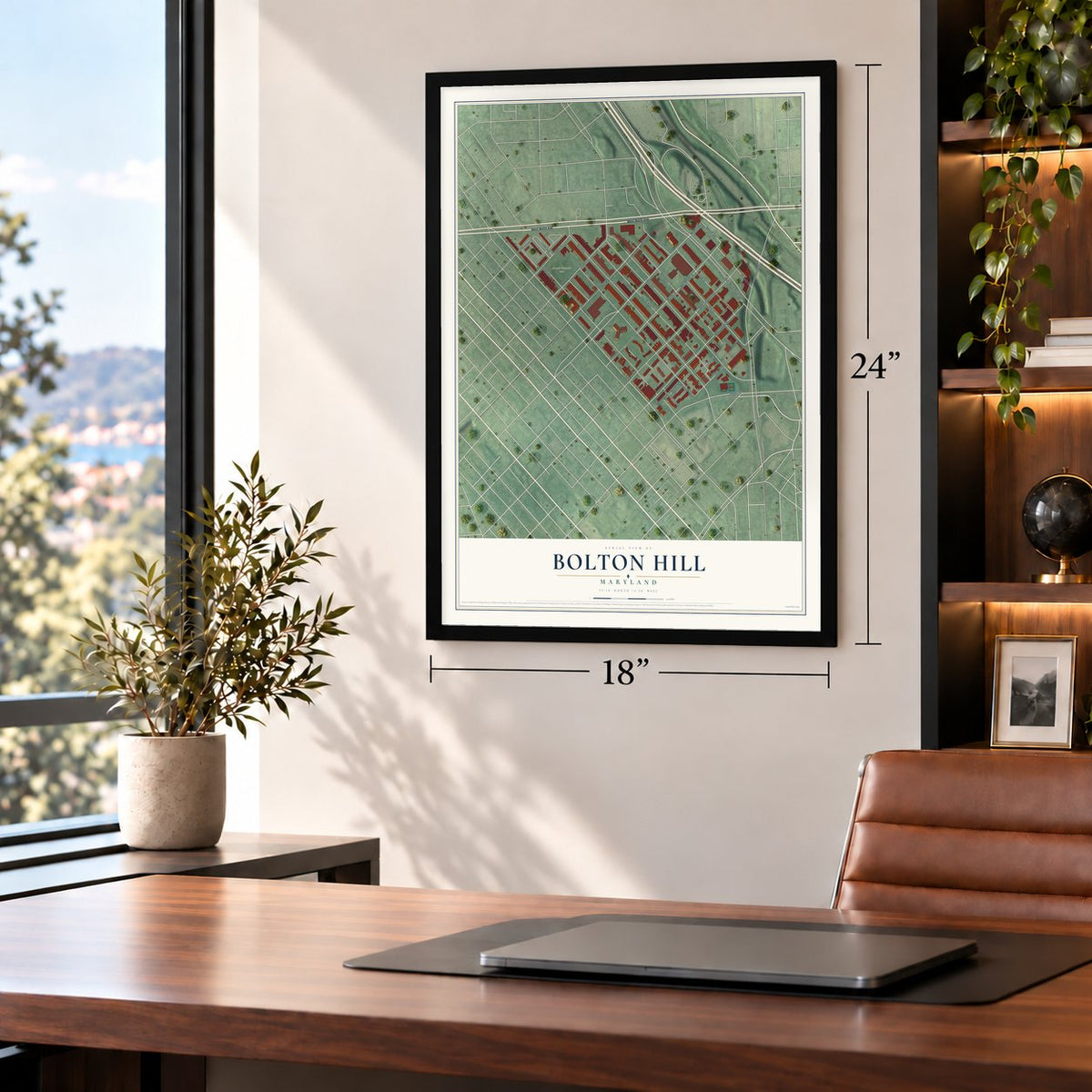 Bolton Hill, Maryland map, 18 x 24 inch print in a black frame in a home office