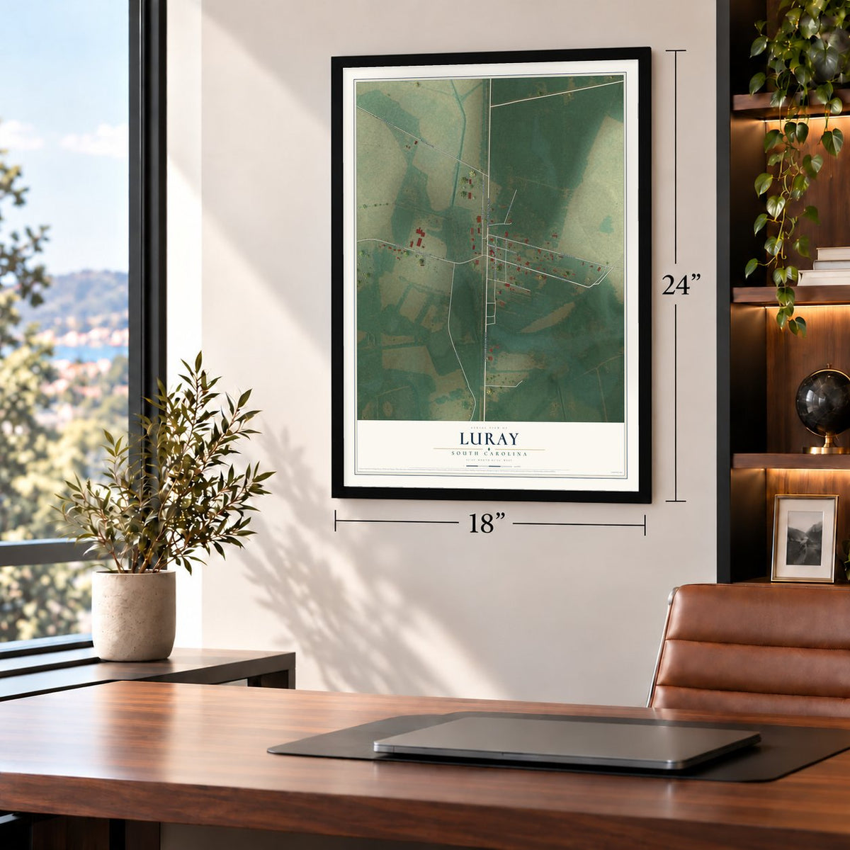Luray, South Carolina map, 18 x 24 inch print in a black frame in a home office