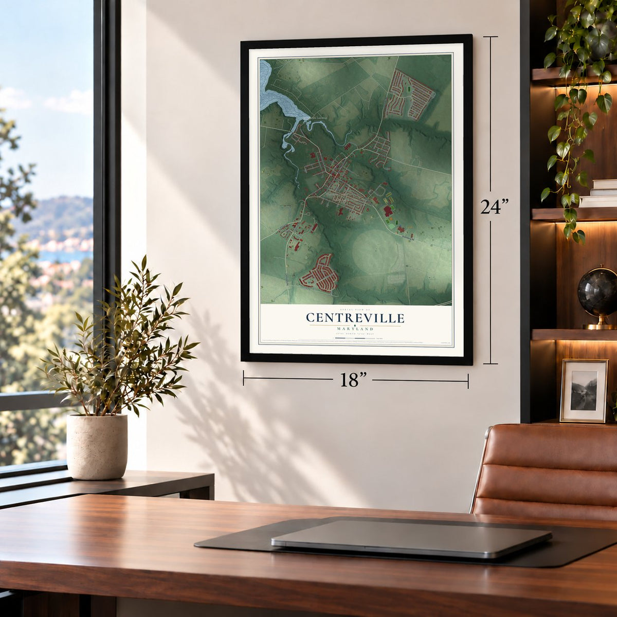 Centreville, Maryland map, 18 x 24 inch print in a black frame in a home office