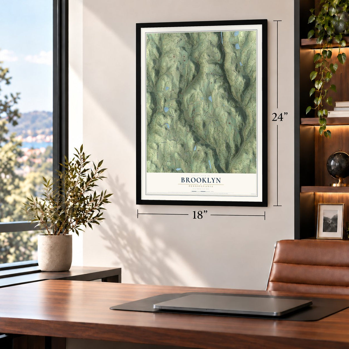 Brooklyn, Pennsylvania map, 18 x 24 inch print in a black frame in a home office