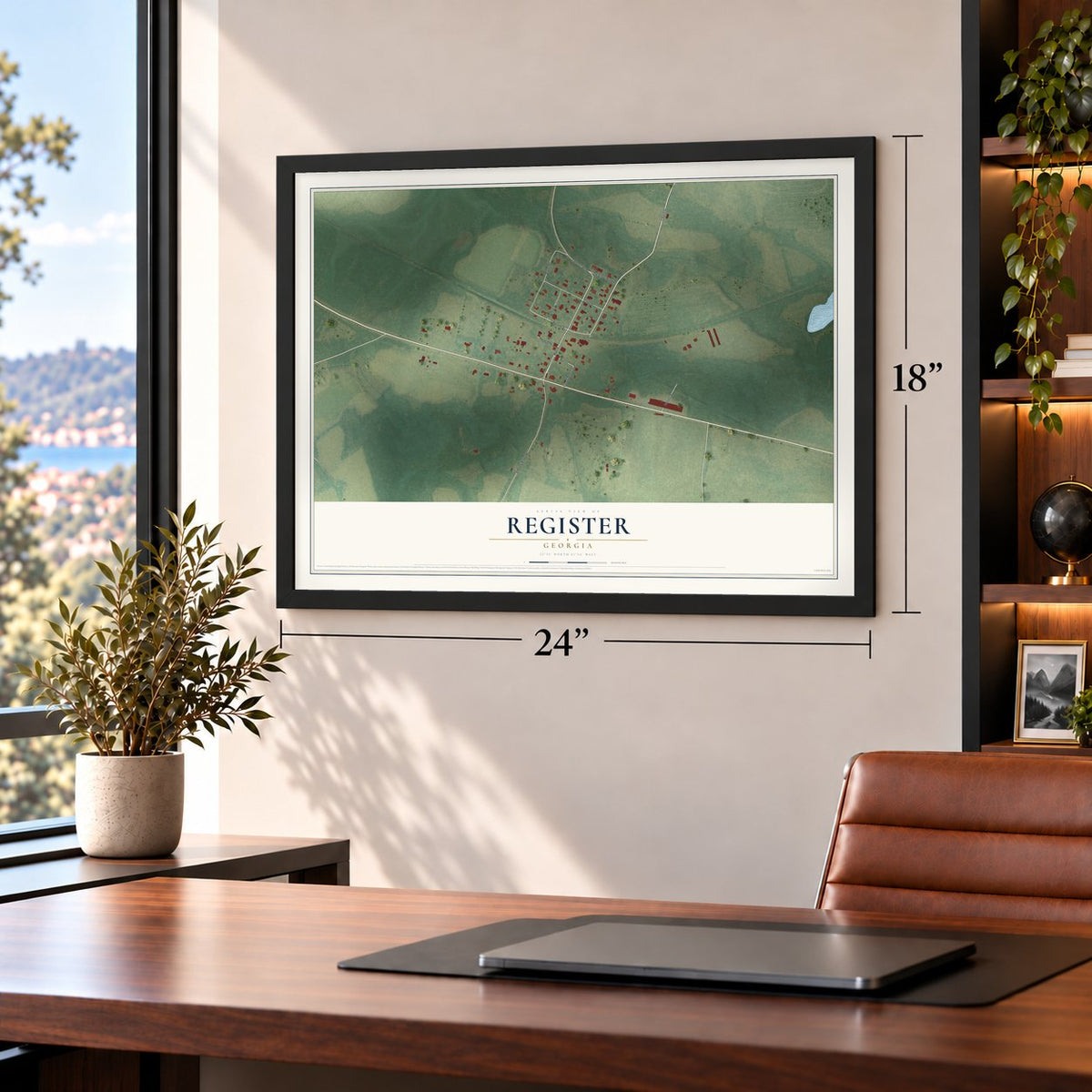 Register, Georgia map, 18 x 24 inch print in a black frame in a home office