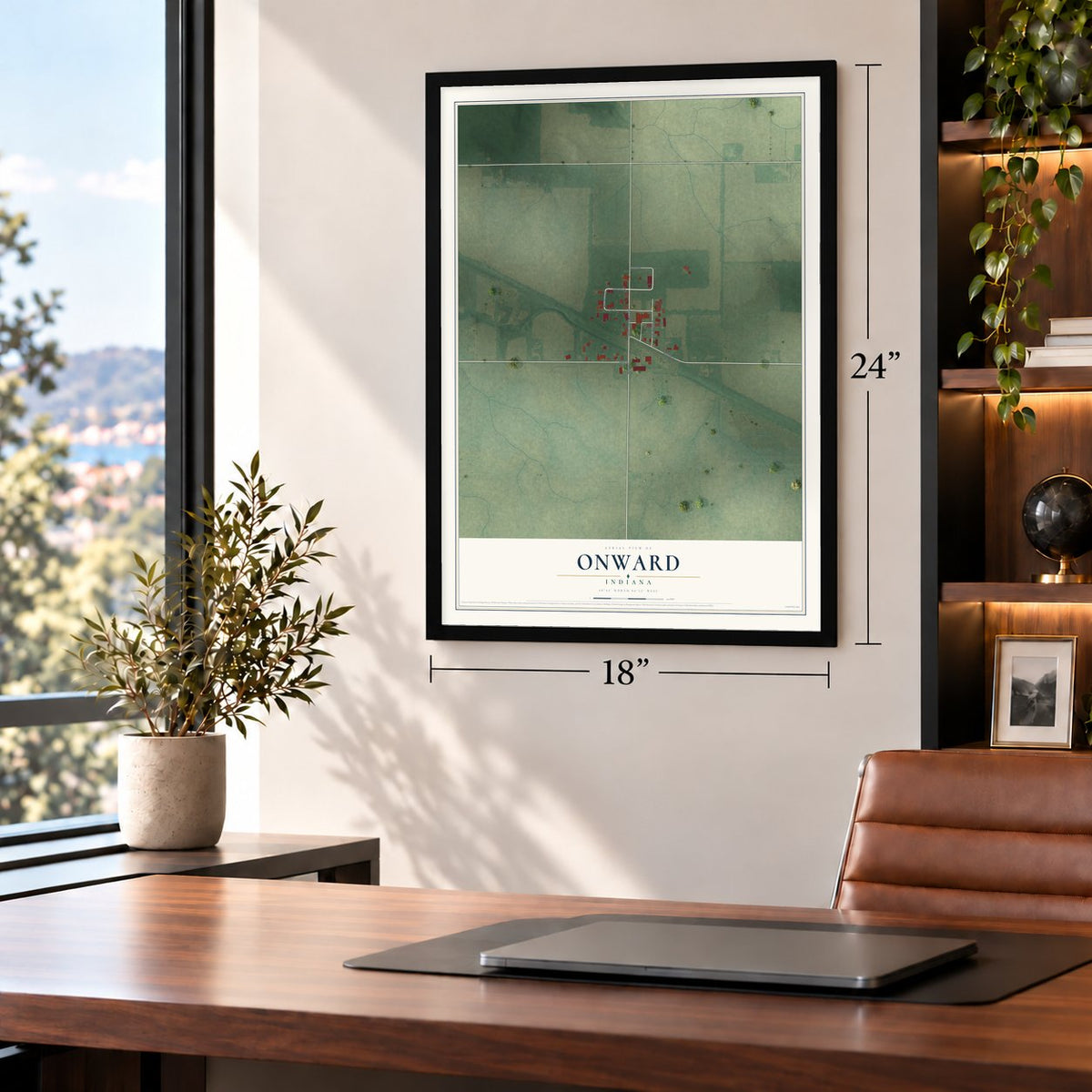 Onward, Indiana map, 18 x 24 inch print in a black frame in a home office