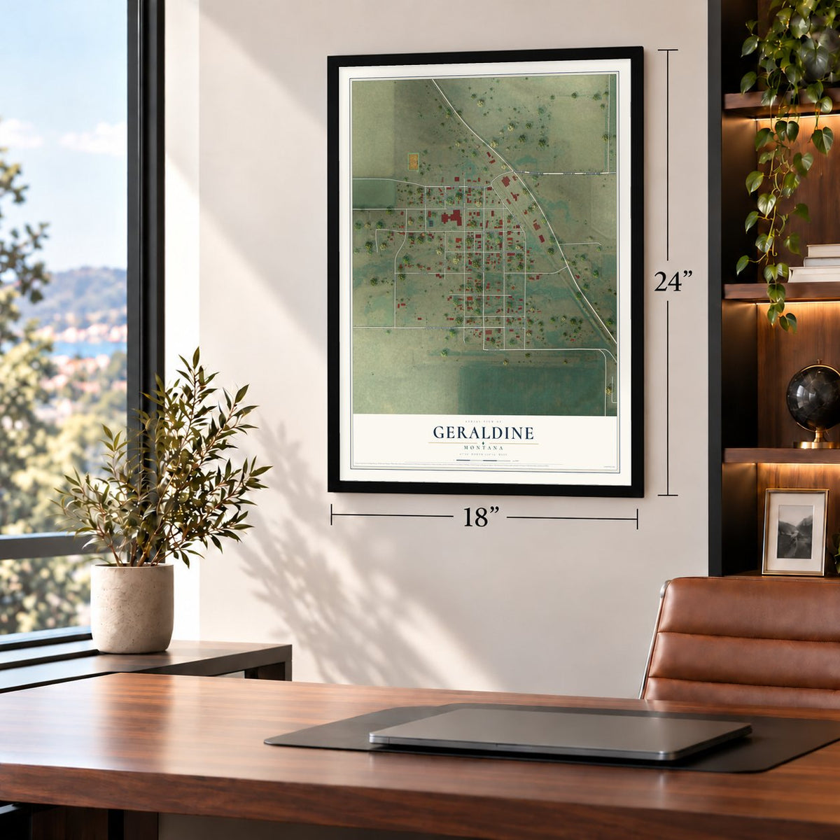 Geraldine, Montana map, 18 x 24 inch print in a black frame in a home office