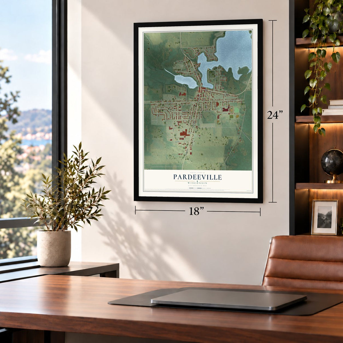 Pardeeville, Wisconsin map, 18 x 24 inch print in a black frame in a home office