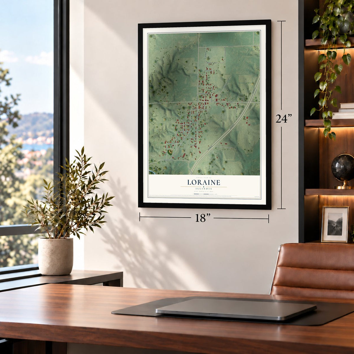 Loraine, Illinois map, 18 x 24 inch print in a black frame in a home office