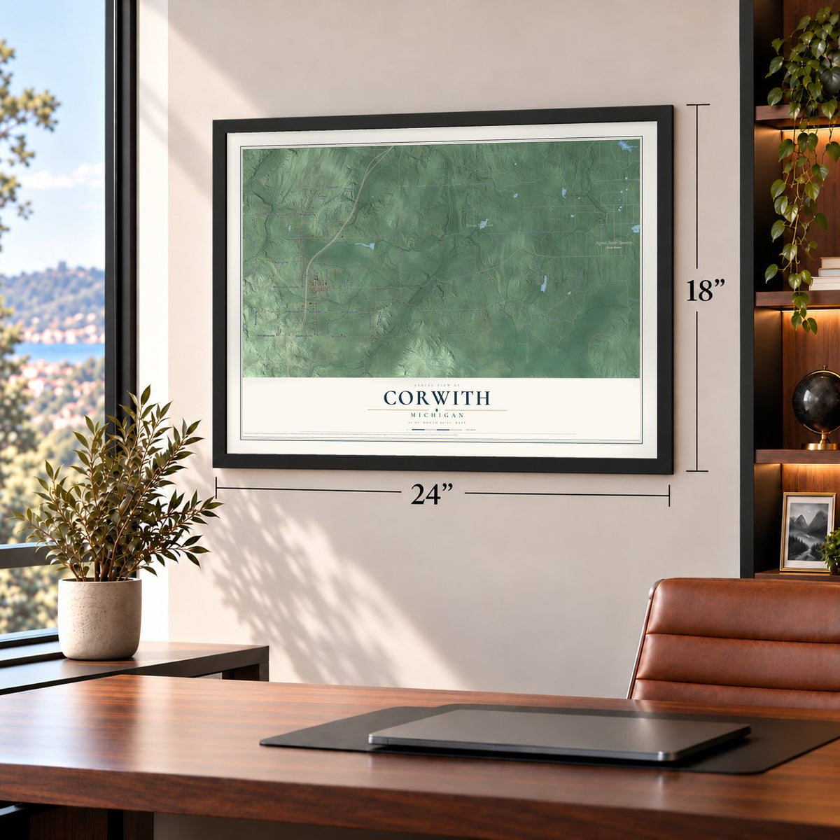 Corwith, Michigan map, 18 x 24 inch print in a black frame in a home office