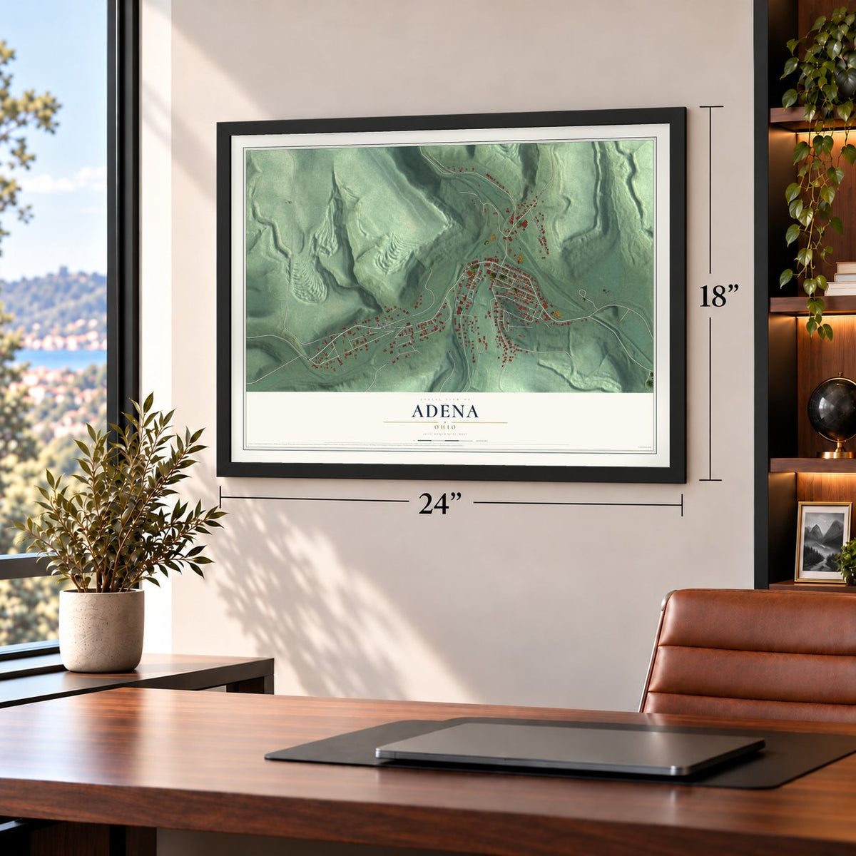 Adena, Ohio map, 18 x 24 inch print in a black frame in a home office