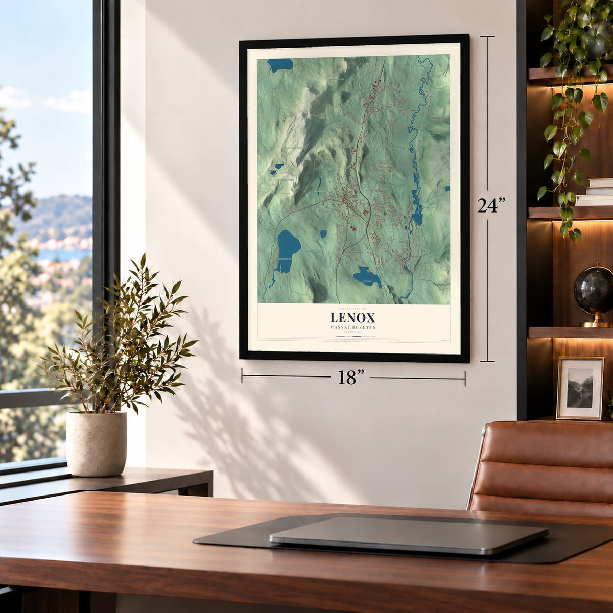 Lenox, Massachusetts map, 18 x 24 inch print in a black frame in a home office