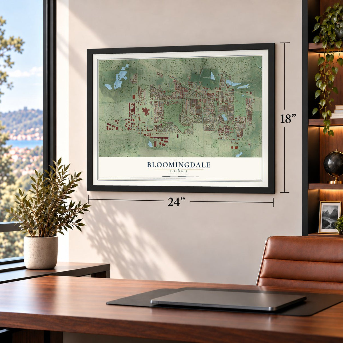 Bloomingdale, Illinois map, 18 x 24 inch print in a black frame in a home office