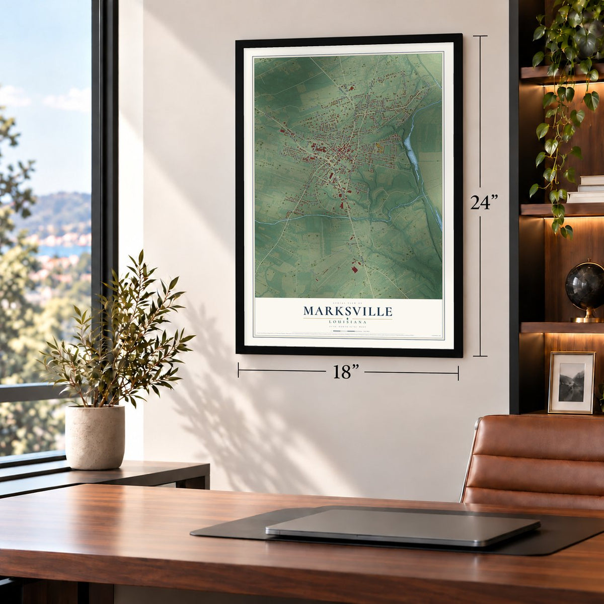 Marksville, Louisiana map, 18 x 24 inch print in a black frame in a home office