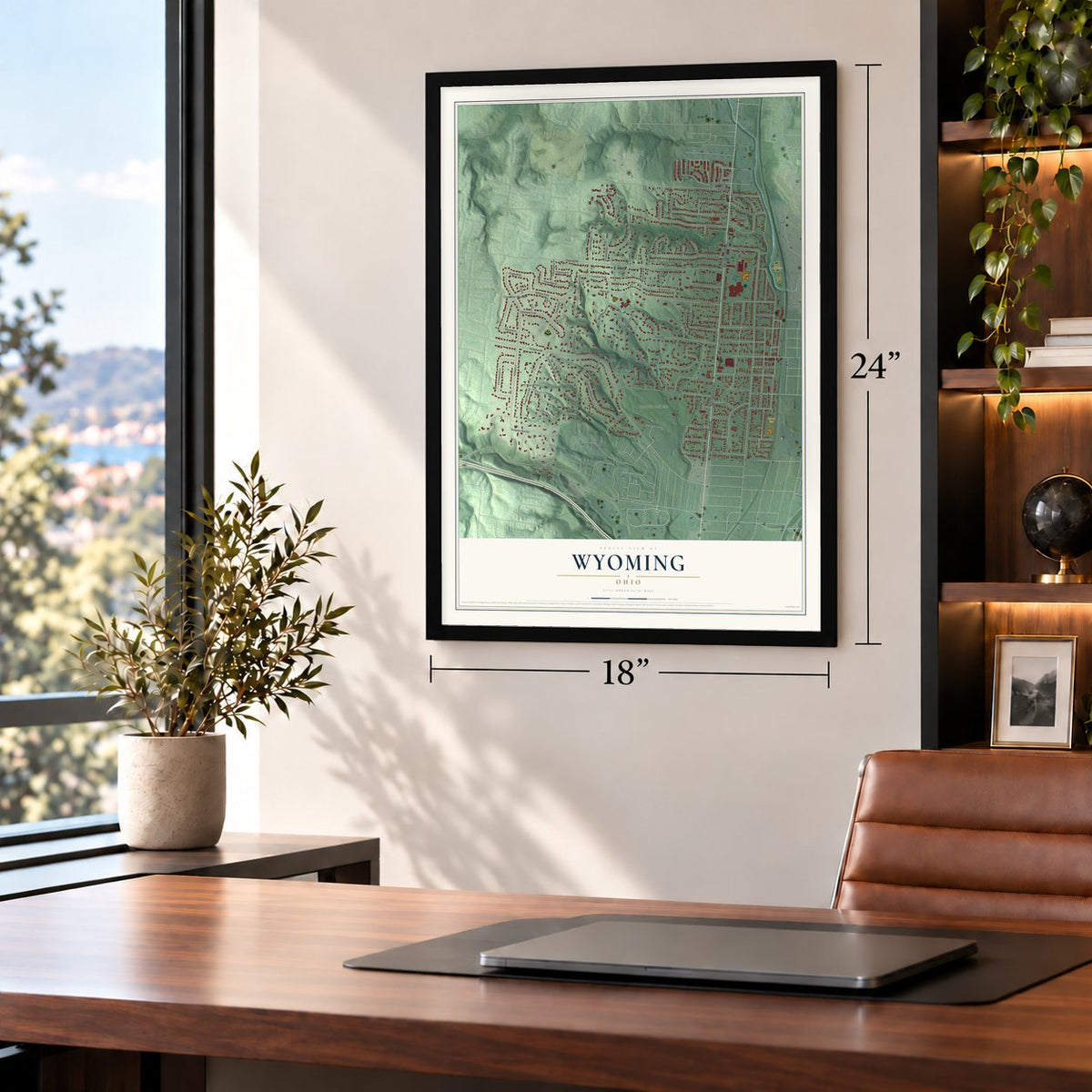 Wyoming, Ohio map, 18 x 24 inch print in a black frame in a home office