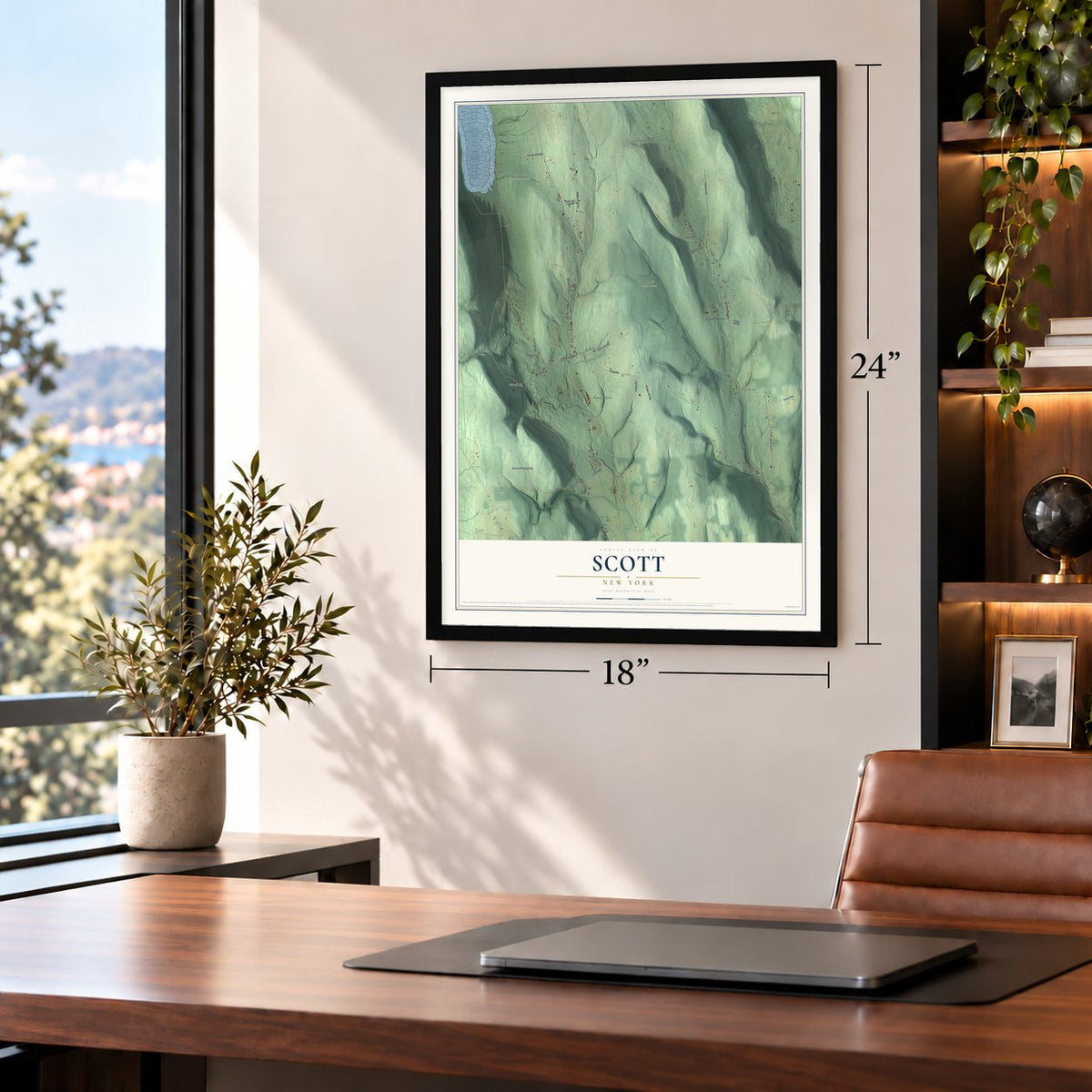 Scott, New York map, 18 x 24 inch print in a black frame in a home office