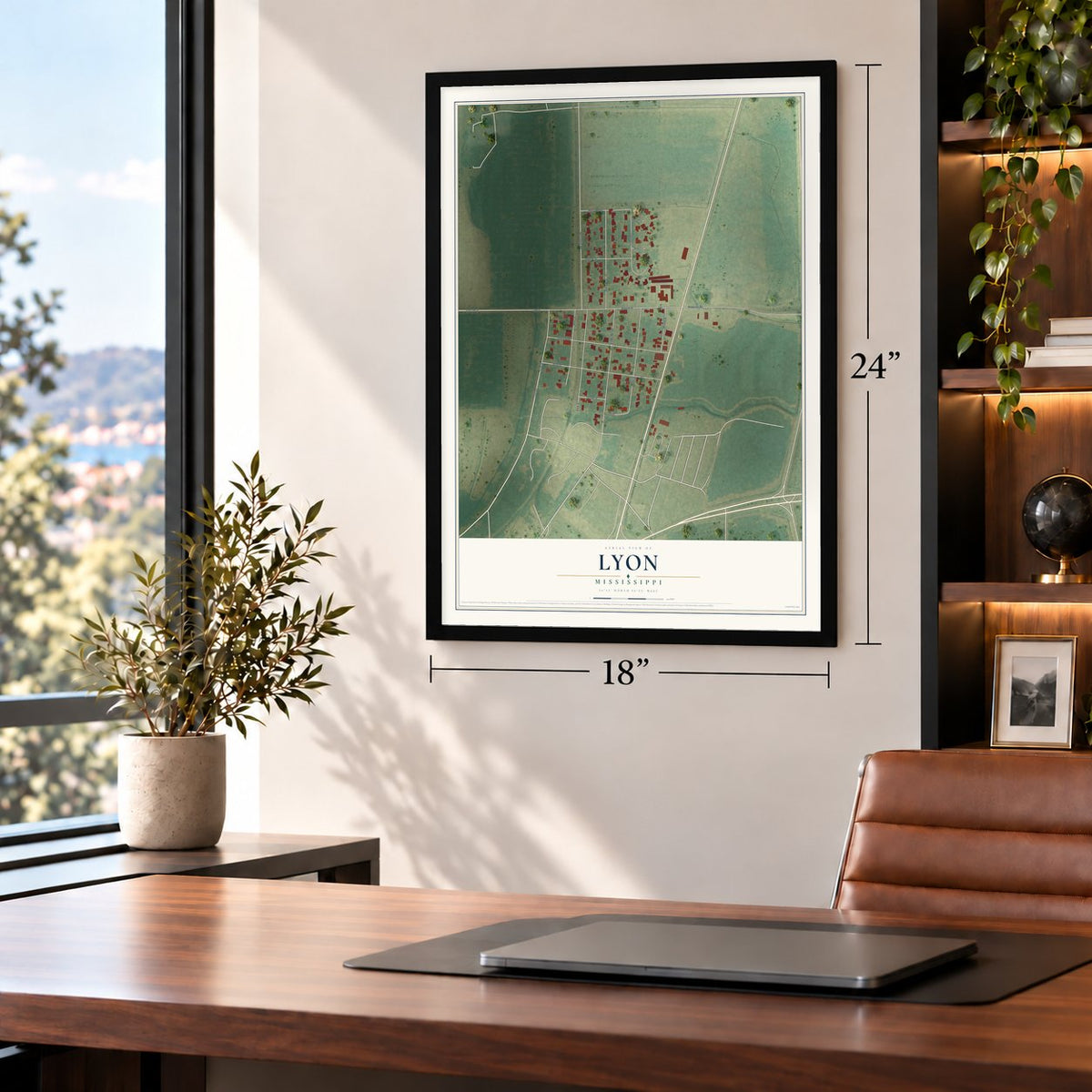 Lyon, Mississippi map, 18 x 24 inch print in a black frame in a home office