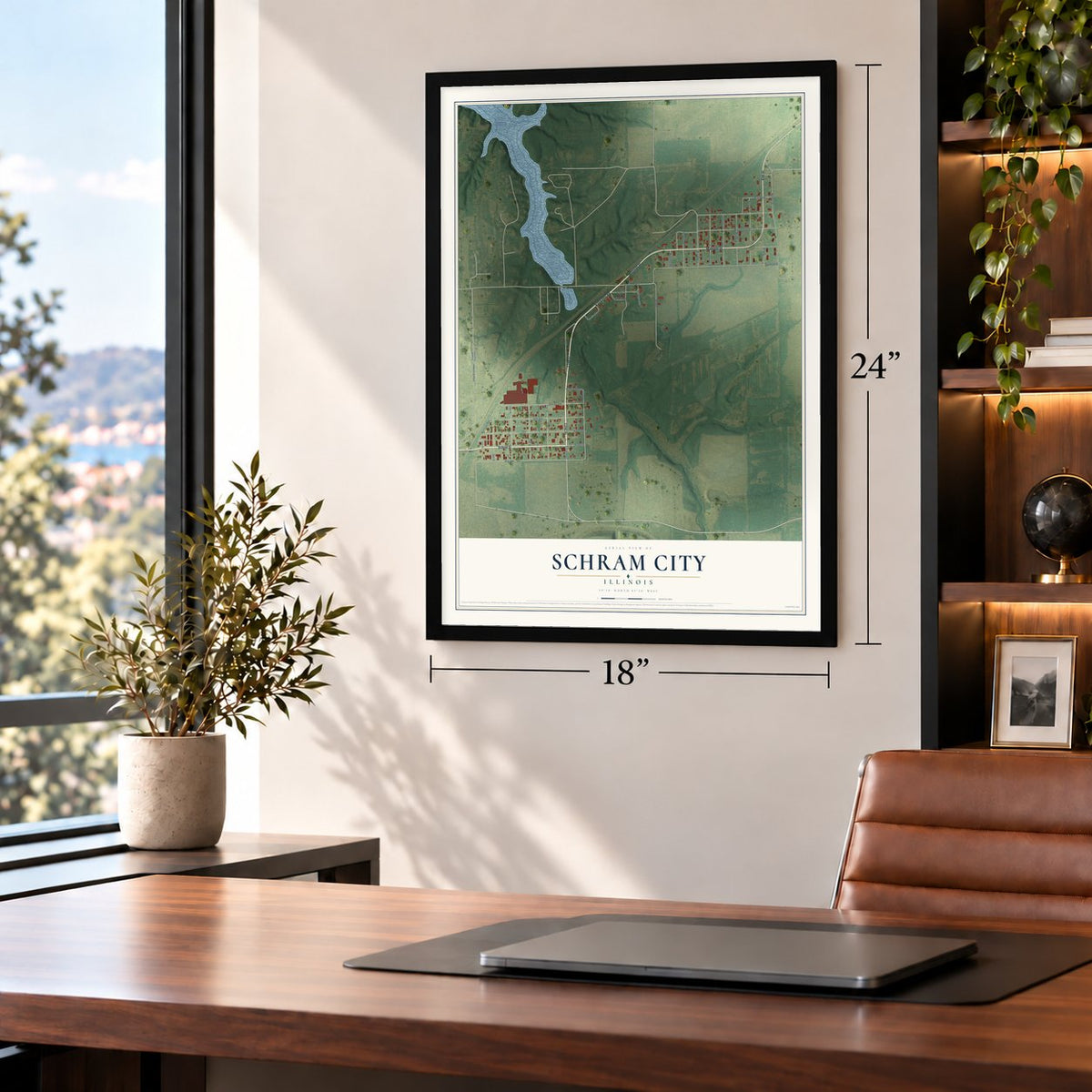 Schram City, Illinois map, 18 x 24 inch print in a black frame in a home office