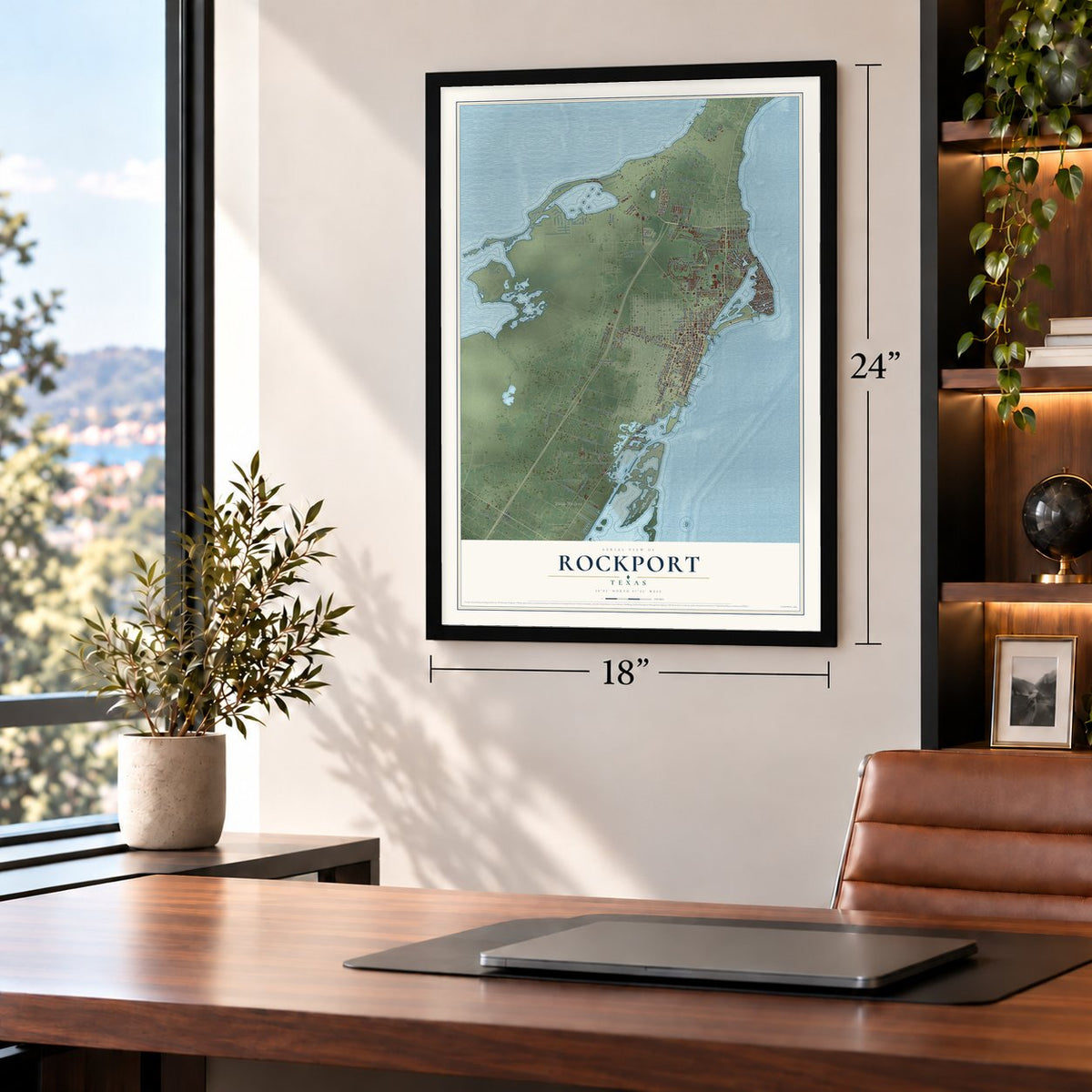 Rockport, Texas map, 18 x 24 inch print in a black frame in a home office