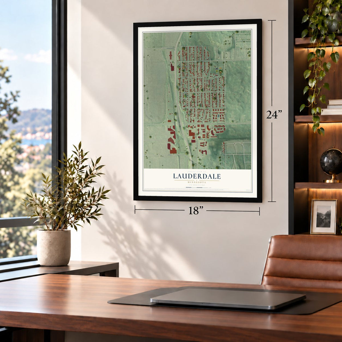 Lauderdale, Minnesota map, 18 x 24 inch print in a black frame in a home office