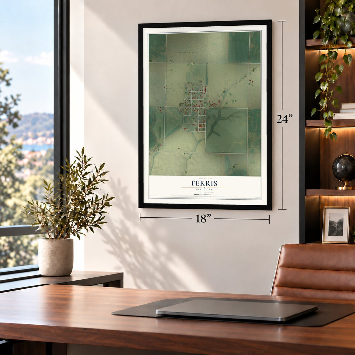 Ferris, Illinois map, 18 x 24 inch print in a black frame in a home office