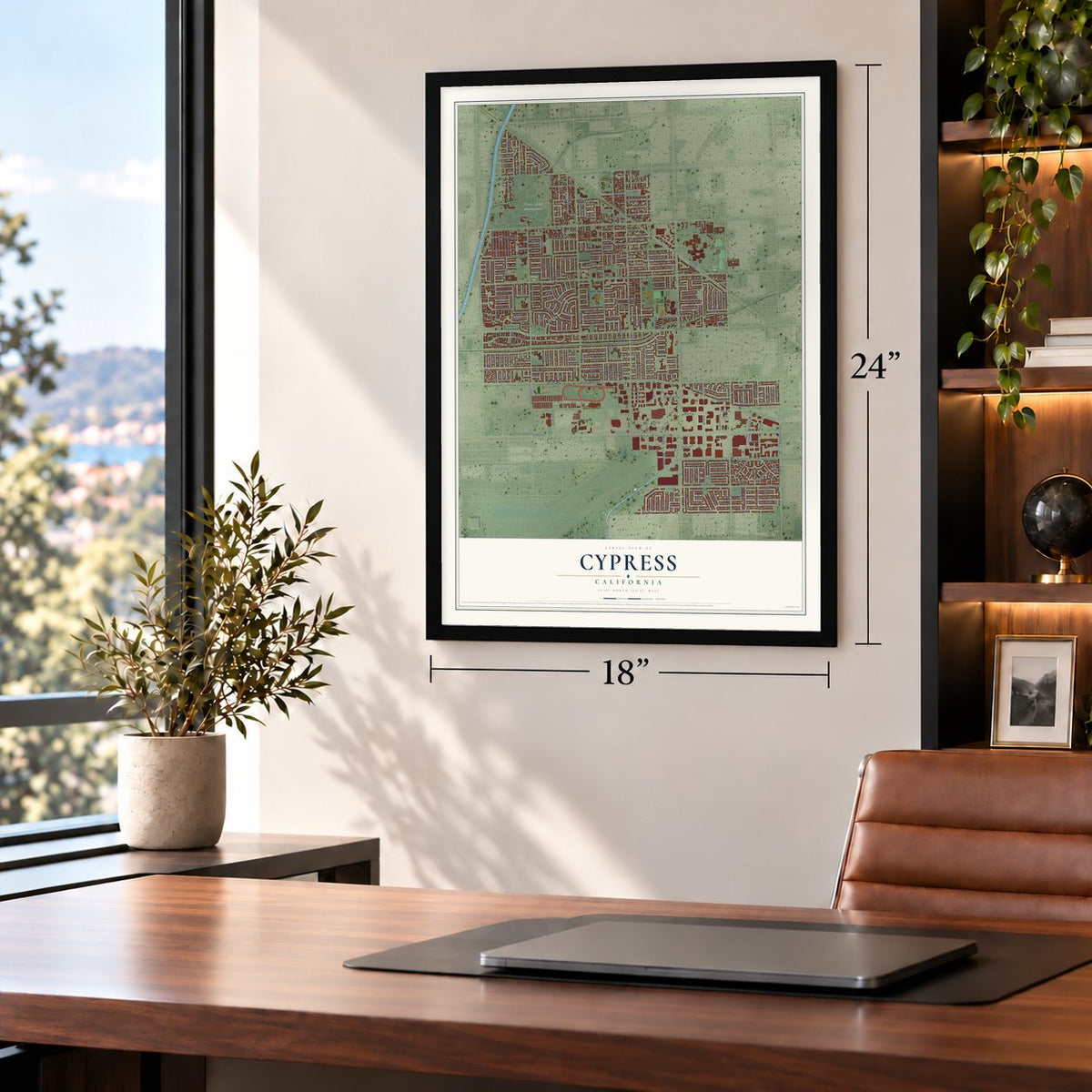 Cypress, California map, 18 x 24 inch print in a black frame in a home office