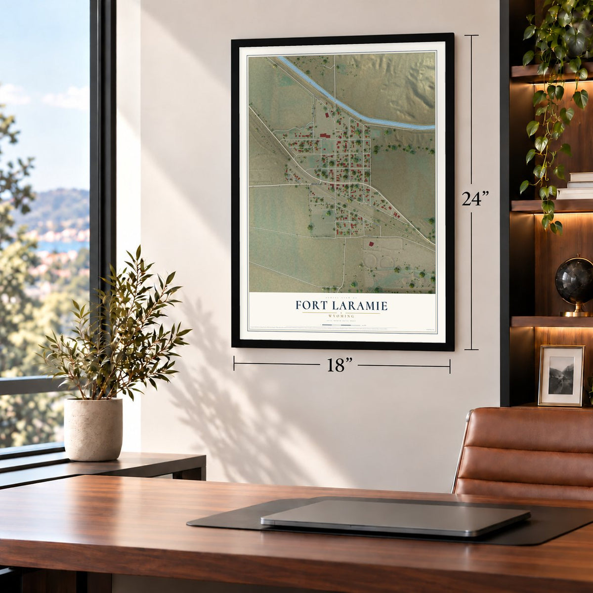 Fort Laramie, Wyoming map, 18 x 24 inch print in a black frame in a home office