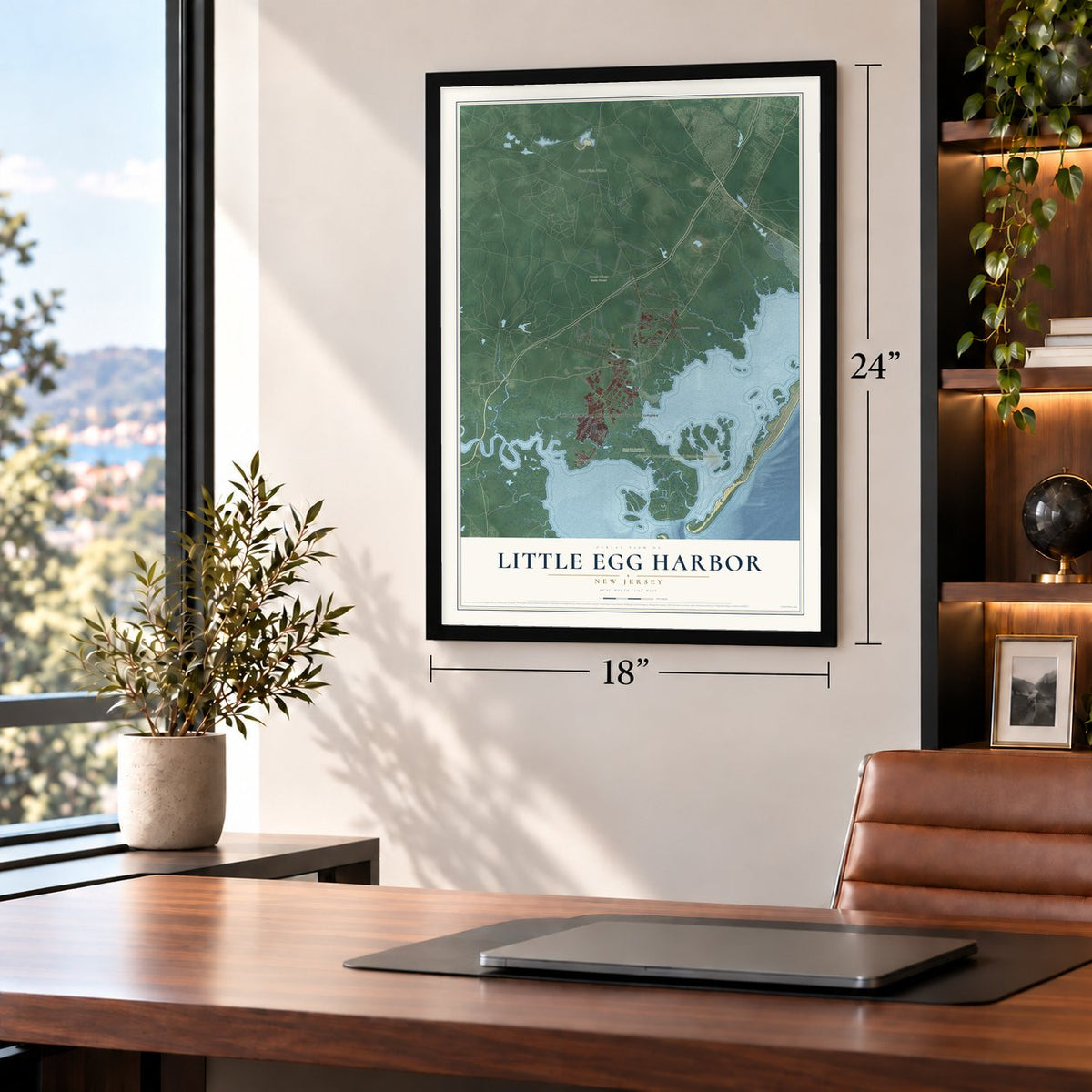 Little Egg Harbor, New Jersey map, 18 x 24 inch print in a black frame in a home office