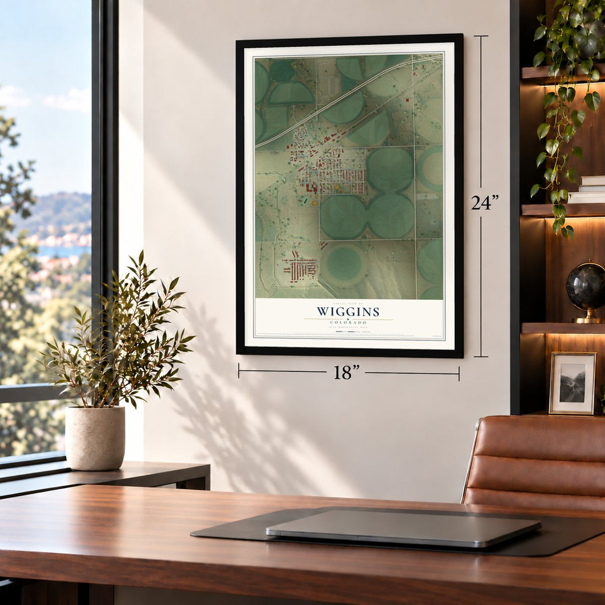 Wiggins, Colorado map, 18 x 24 inch print in a black frame in a home office