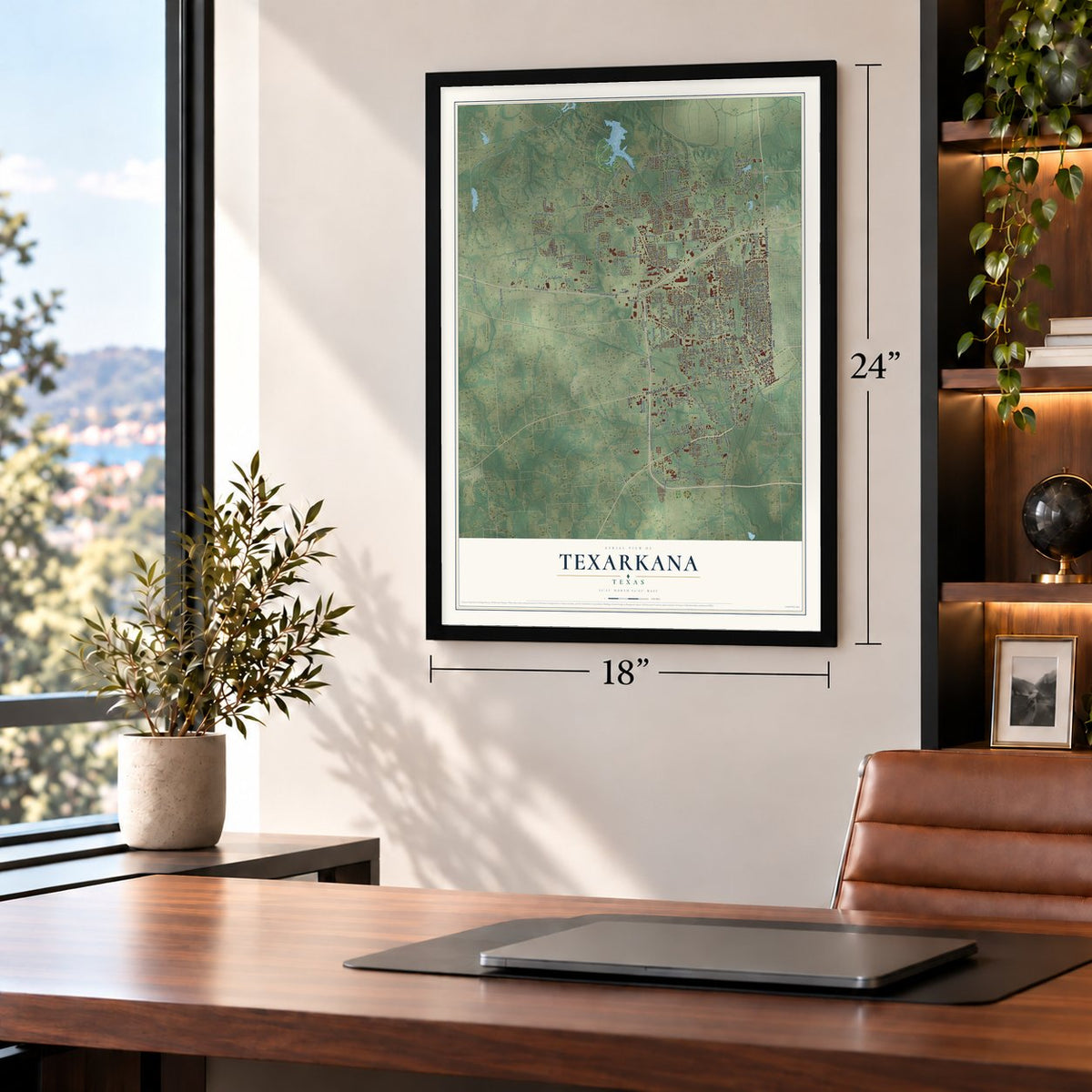 Texarkana, Texas map, 18 x 24 inch print in a black frame in a home office