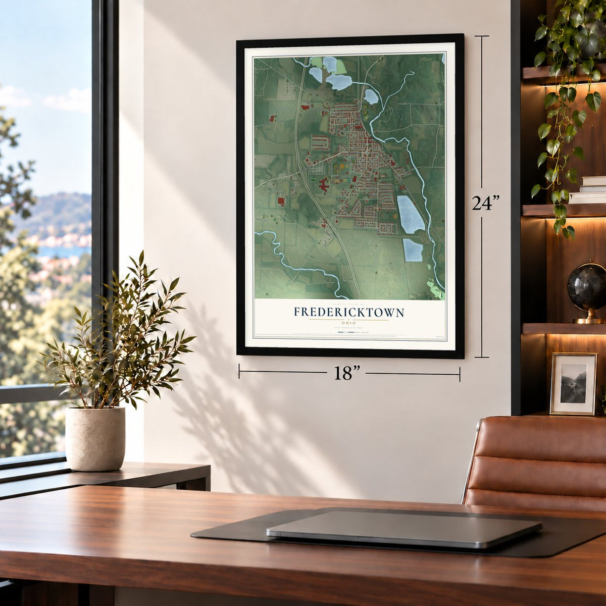 Fredericktown, Ohio map, 18 x 24 inch print in a black frame in a home office