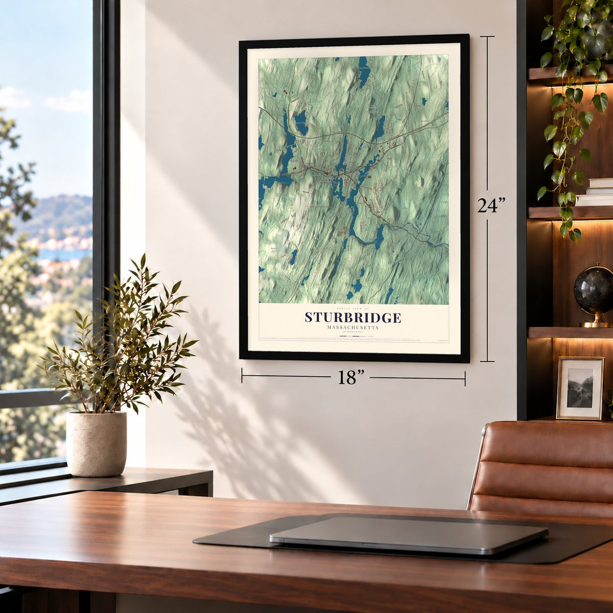 Sturbridge, Massachusetts map, 18 x 24 inch print in a black frame in a home office