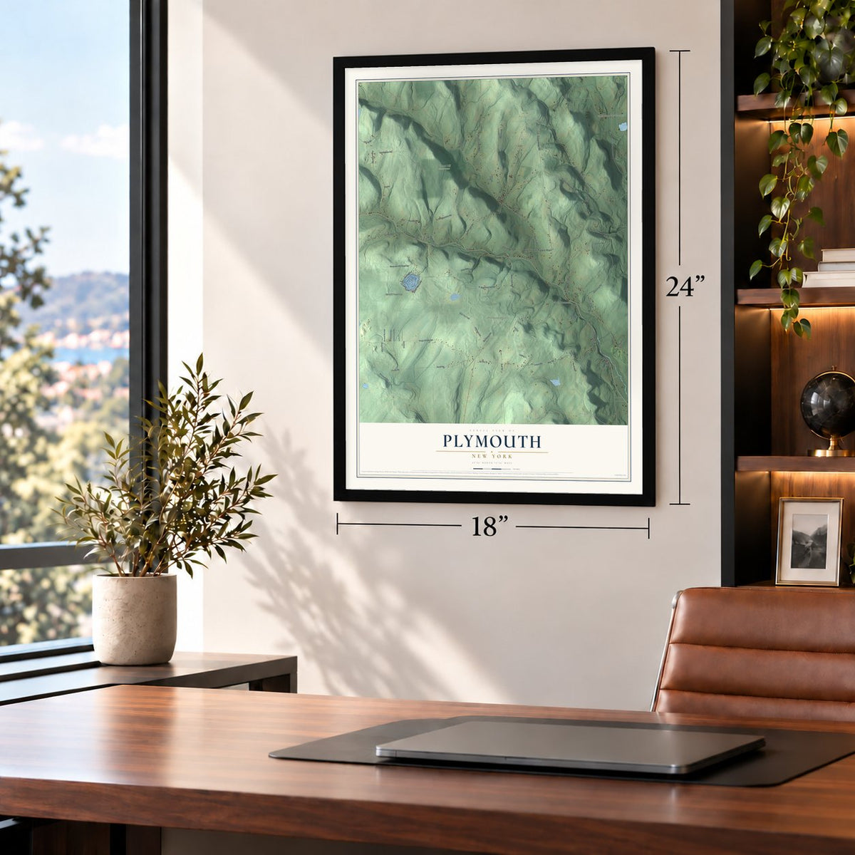 Plymouth, New York map, 18 x 24 inch print in a black frame in a home office