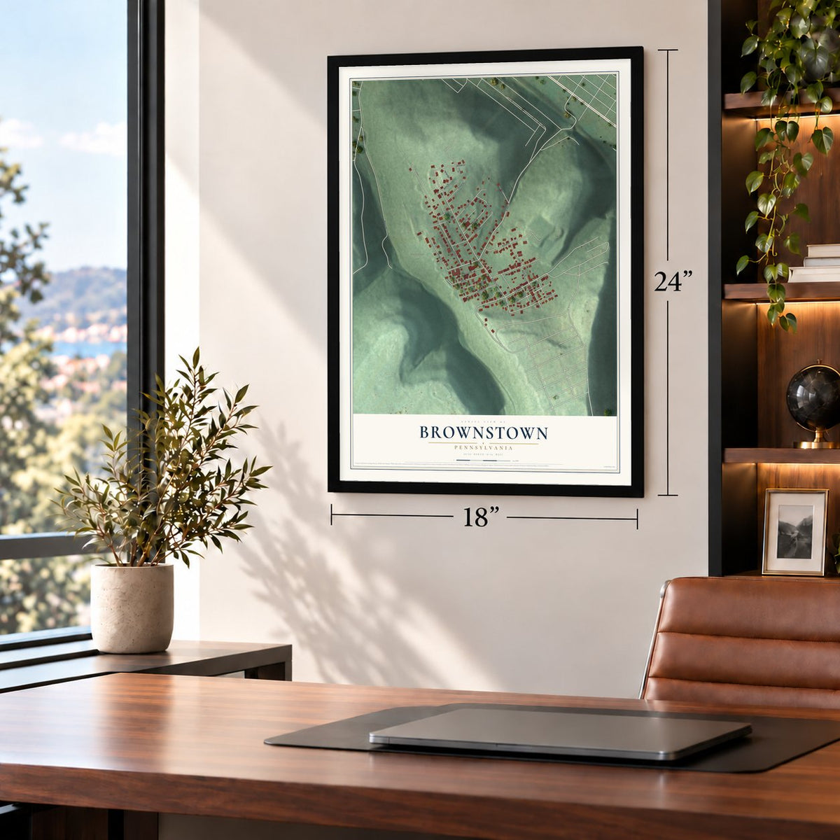 Brownstown, Pennsylvania map, 18 x 24 inch print in a black frame in a home office