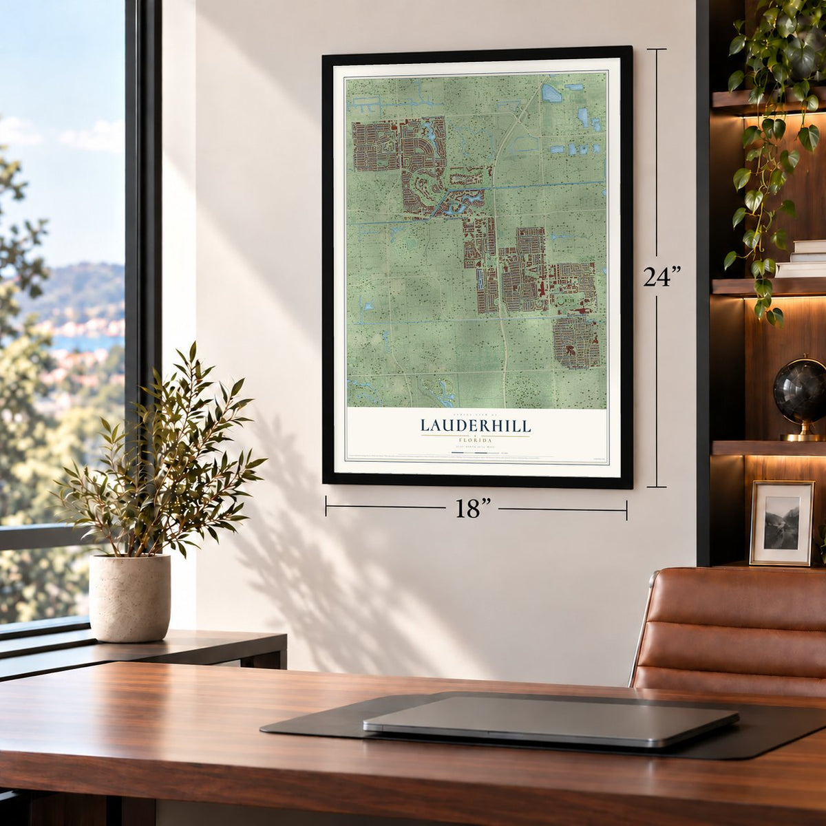 Lauderhill, Florida map, 18 x 24 inch print in a black frame in a home office