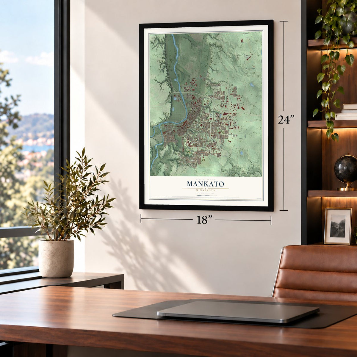 Mankato, Minnesota map, 18 x 24 inch print in a black frame in a home office