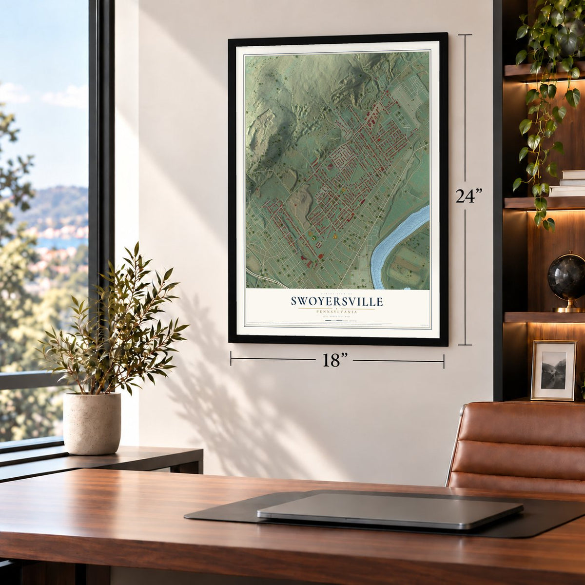 Swoyersville, Pennsylvania map, 18 x 24 inch print in a black frame in a home office