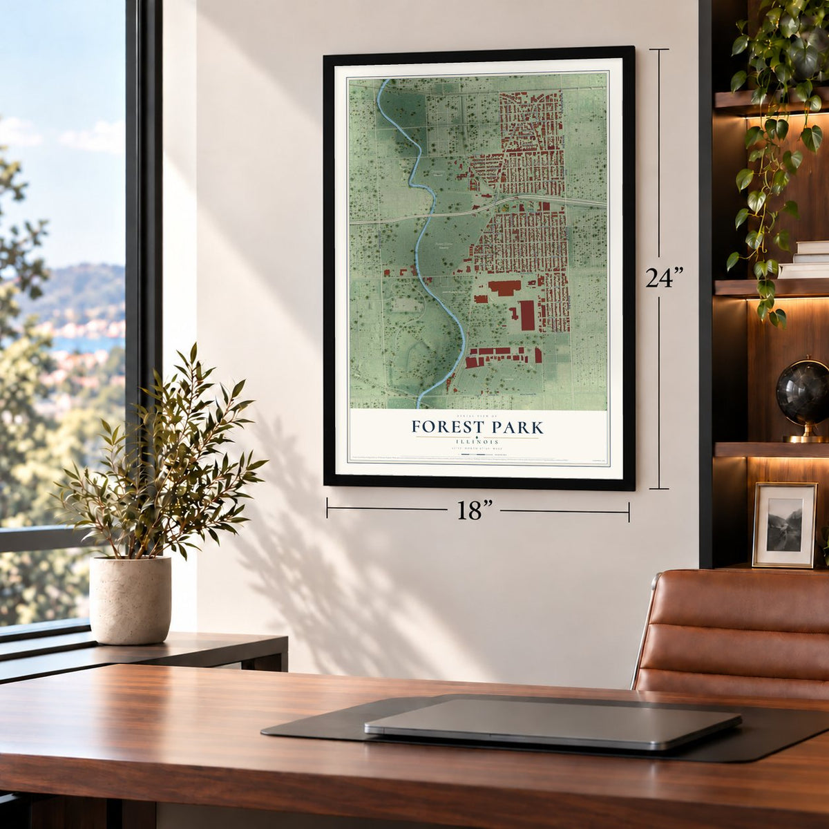 Forest Park, Illinois map, 18 x 24 inch print in a black frame in a home office