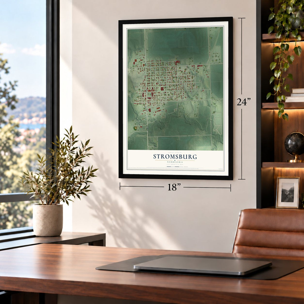 Stromsburg, Nebraska map, 18 x 24 inch print in a black frame in a home office