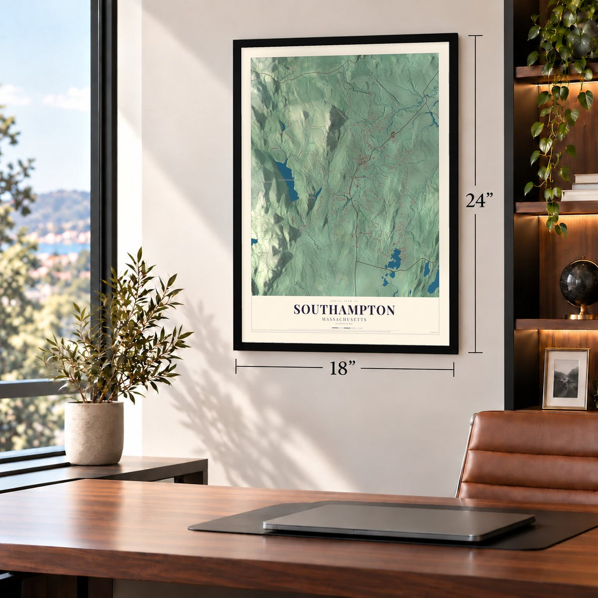 Southampton, Massachusetts map, 18 x 24 inch print in a black frame in a home office