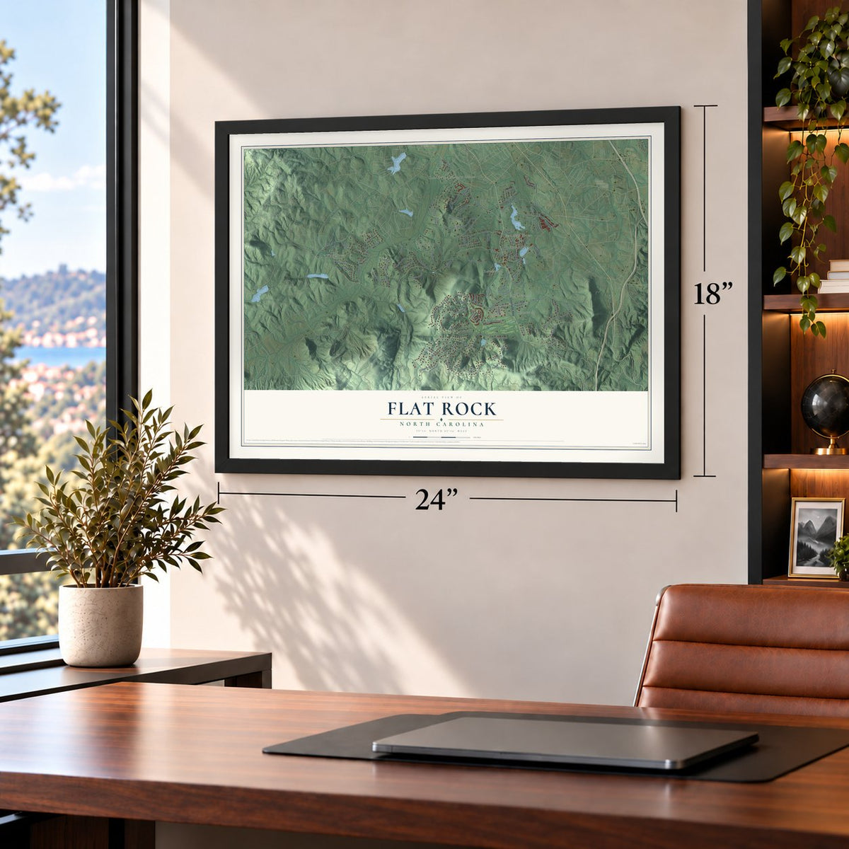 Flat Rock, North Carolina map, 18 x 24 inch print in a black frame in a home office