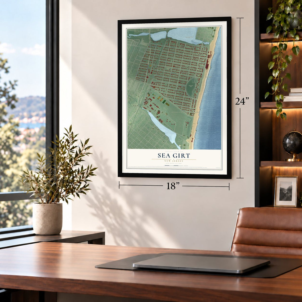 Sea Girt, New Jersey map, 18 x 24 inch print in a black frame in a home office